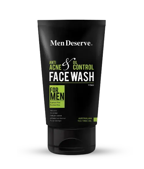 Men Deserve anti-acne and oil control face wash for men, with green and white text detailing the product's purpose and ingredients.