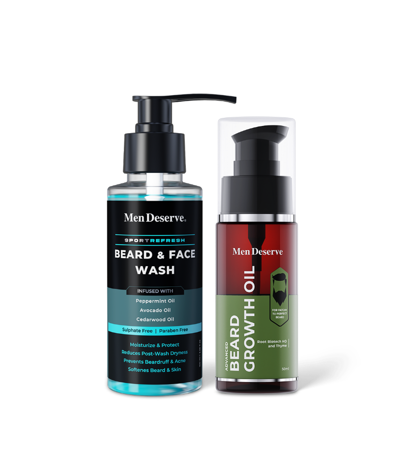 Two bottles of beard care products, one labeled as Beard & Face Wash and the other as Beard Growth Oil, both with a green and white color scheme.