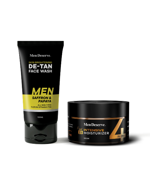 Two skincare products for men, one tube labeled 'DE-TAN FACEWASH' in black and yellow packaging, and one jar labeled 'Intensive Moisturizer' in black and brown packaging.