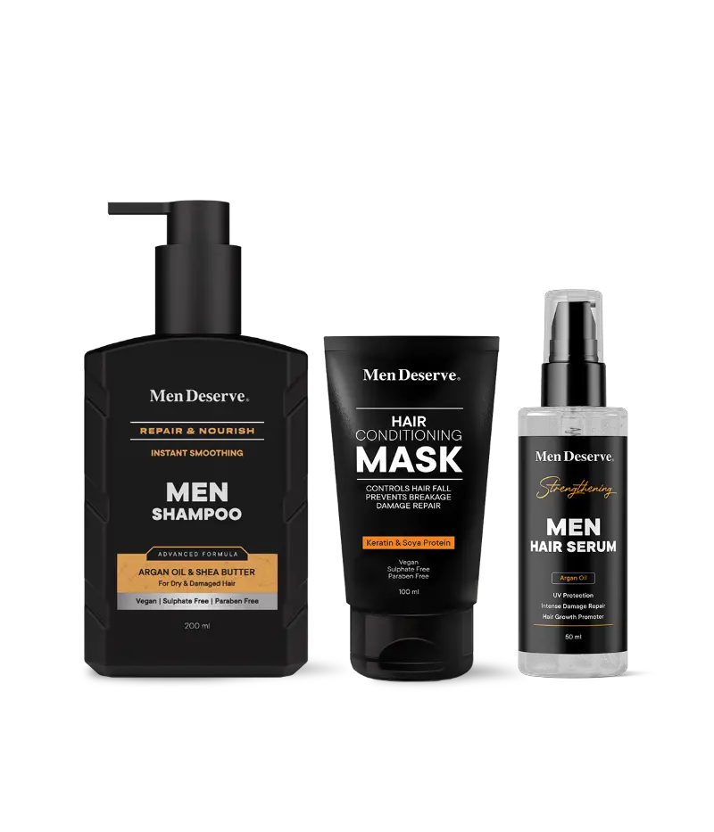 A set of Men's hair care products including shampoo, hair conditioning mask, and hair serum by Men Deserve.