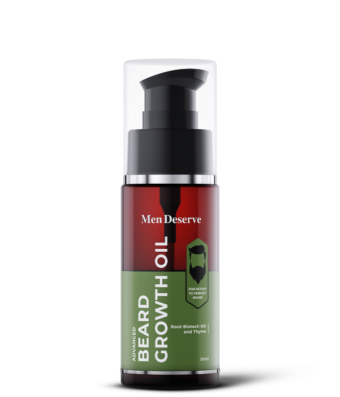 A bottle of Men Deserve Beard Growth Oil with a pump dispenser, primarily red and black in color, packaged in a clear plastic container.