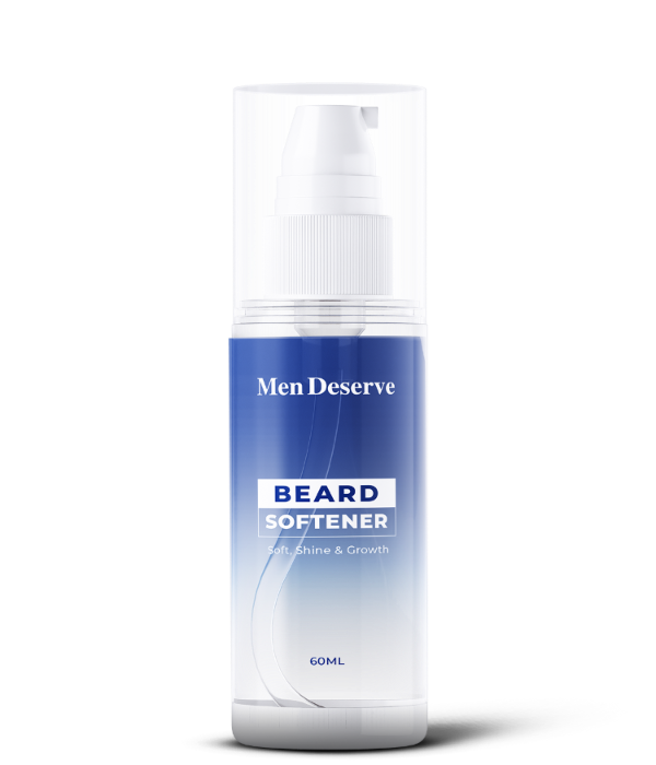A bottle of Men Deserve brand Beard Softener designed for beard care, with a label indicating 60ml volume.