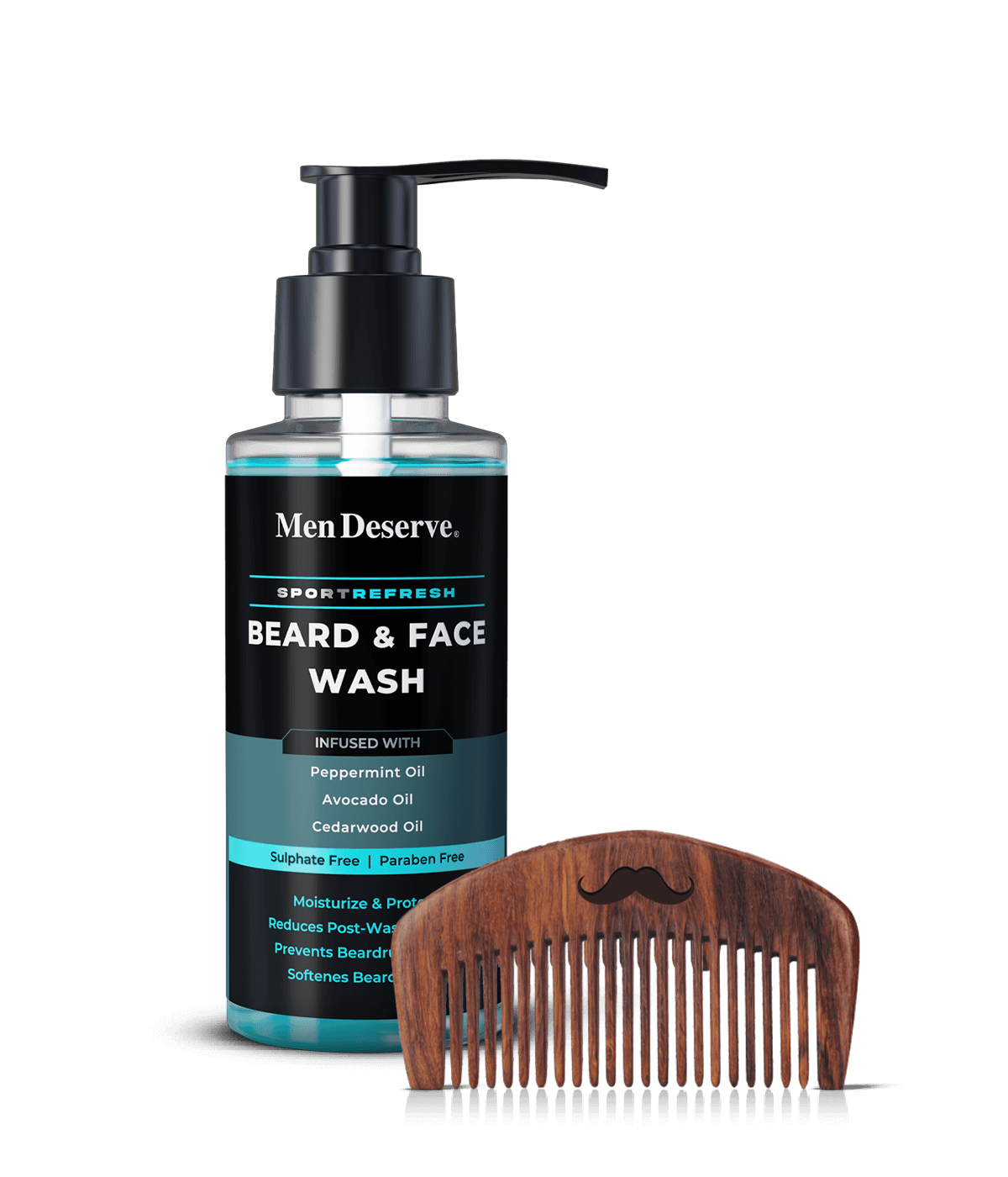 A bottle of MenDeserve beard and face wash with a handmade sheesham wooden beard comb.