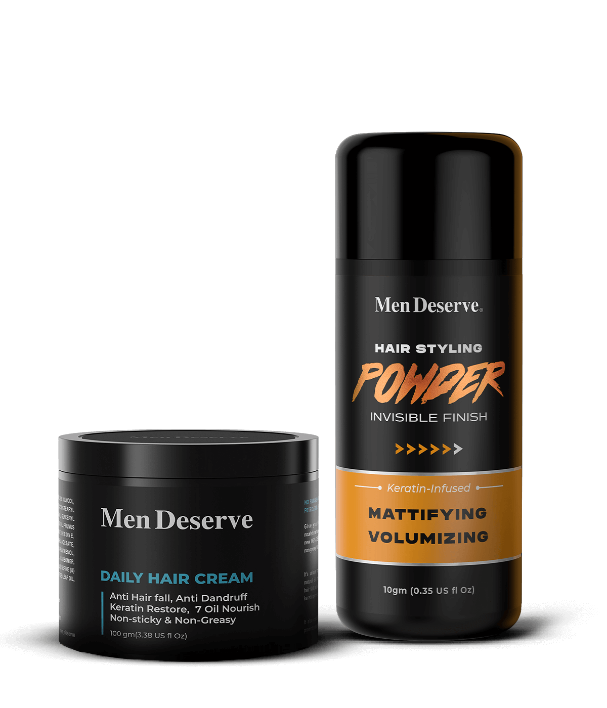 Two hair styling products, one in a blue container labeled 'Men Deserve Daily Hair Cream' and one in a black bottle with orange labeling 'Men Deserve Hair Styling Powder Invisible Finish'.