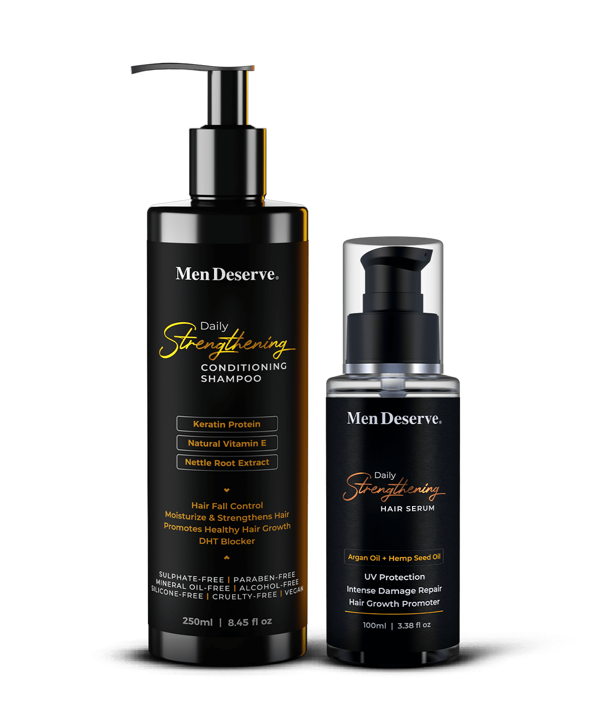 Two bottles of Men Deserve hair care products, a shampoo and a serum, with a pump dispenser, black in color, with text indicating 'Daily Strengthening Conditioning Shampoo' and 'Daily Strengthening Hair Serum'.