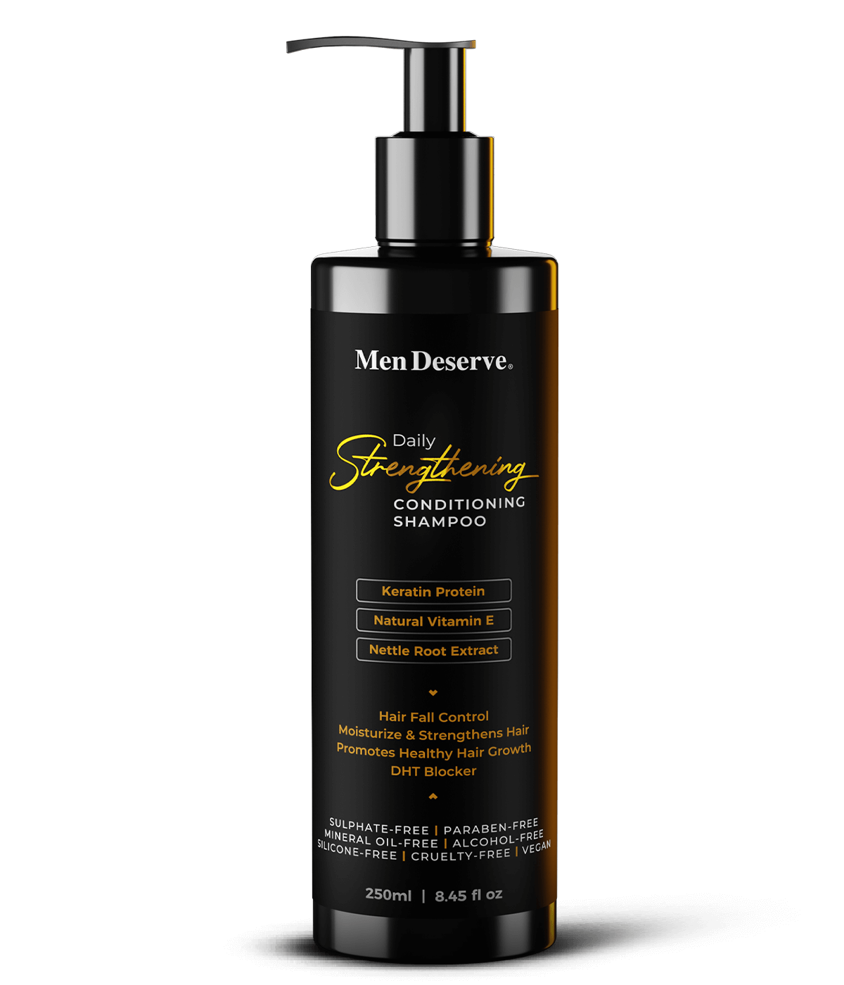 A black bottle of Men Deserve Daily Strengthening Conditioning Shampoo with white and gold text detailing the product's features.