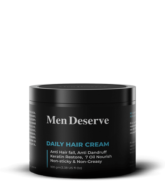 Men Deserve Daily Hair Cream with text highlighting the key ingredients such as Aloe Vera, Rosemary, Seabamel, and Lavender.