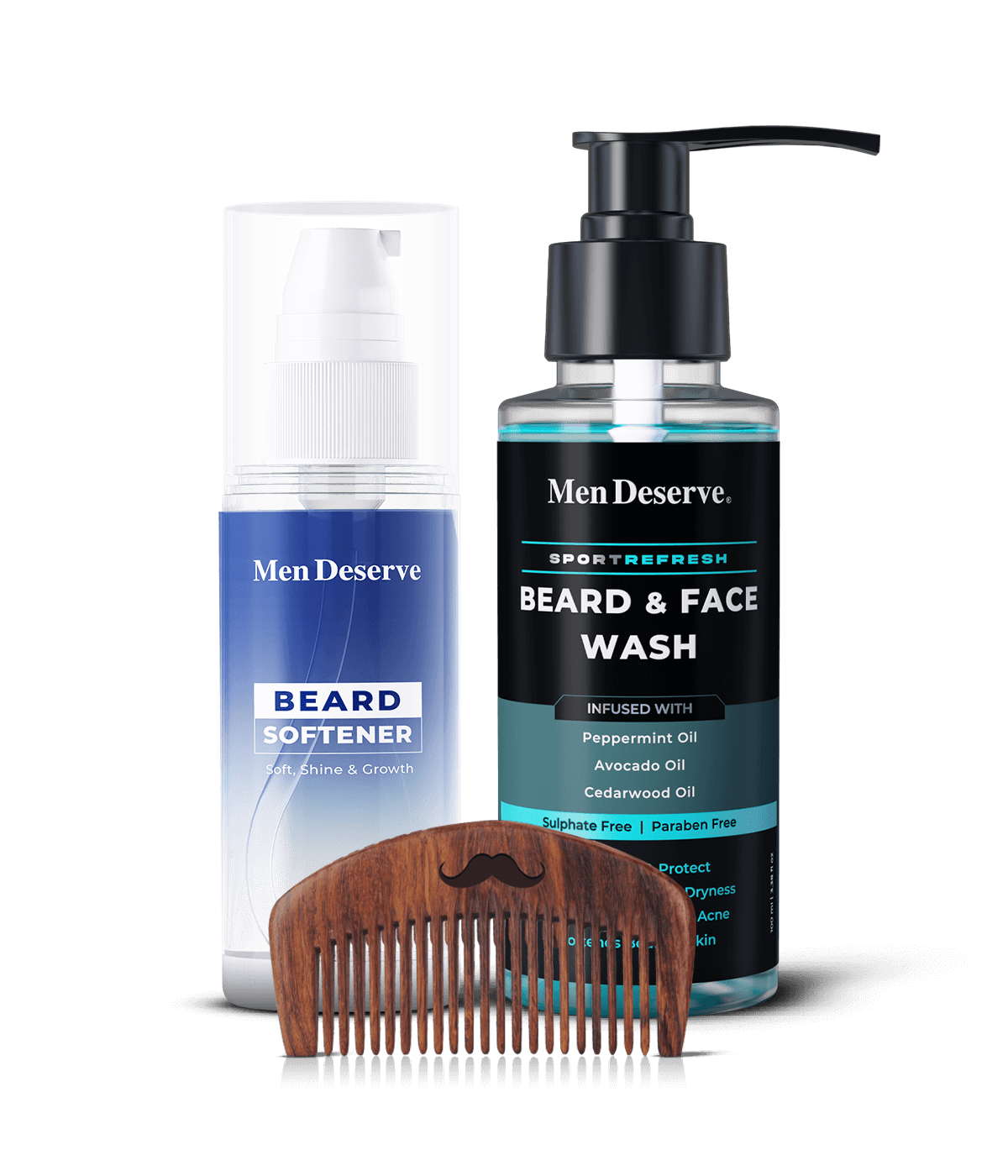 A MenDeserve beard care combo including a beard softener bottle, a beard and face wash bottle, and a wooden beard comb.