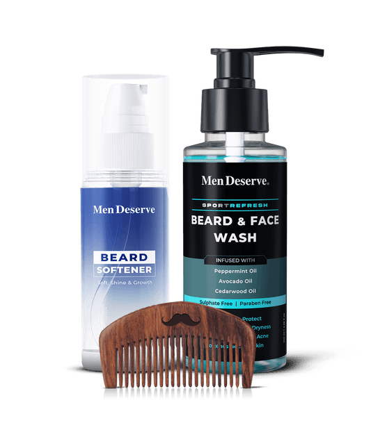 A MenDeserve beard care combo including a beard softener bottle, a beard and face wash bottle, and a wooden beard comb.