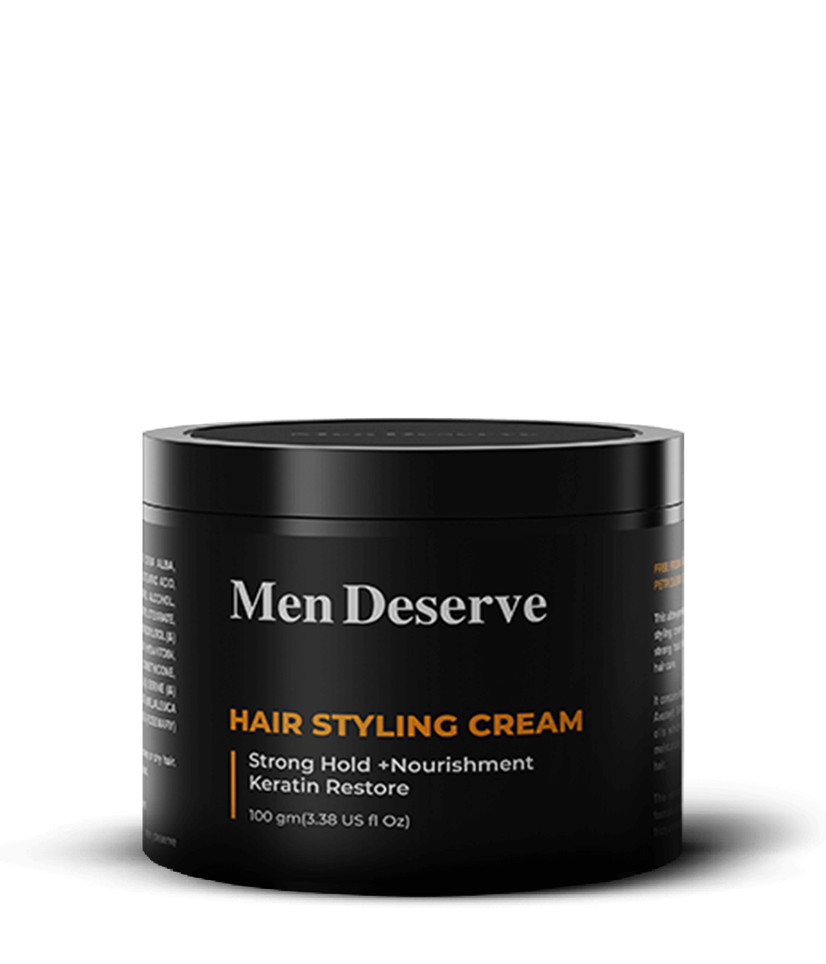 Men Deserve Hair Styling Cream with text highlighting Strong Hold, Nourishment, and Keratin Restore