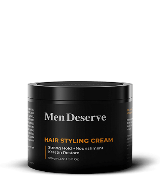 Men Deserve Hair Styling Cream with text highlighting Strong Hold, Nourishment, and Keratin Restore