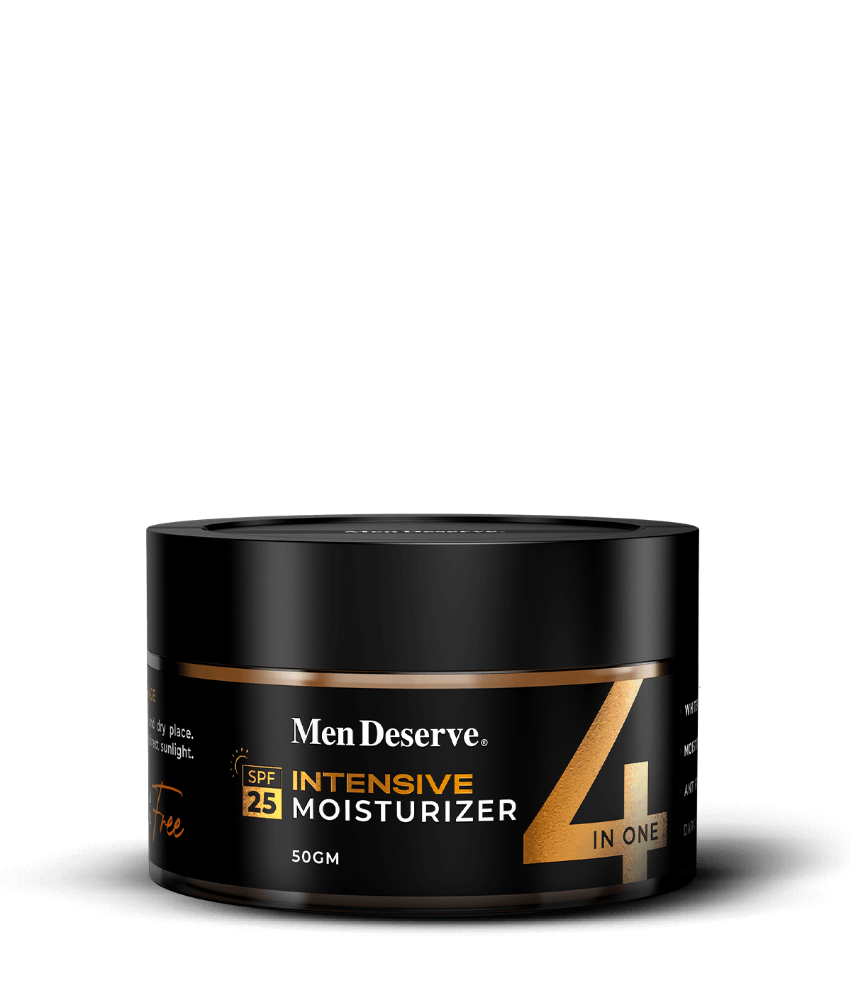 A black jar of Men Deserve intensive moisturizer with SPF 25. The jar is labeled as '50GM' and 'IN ONE' indicating the product's concentration and possibly its multiple benefits.