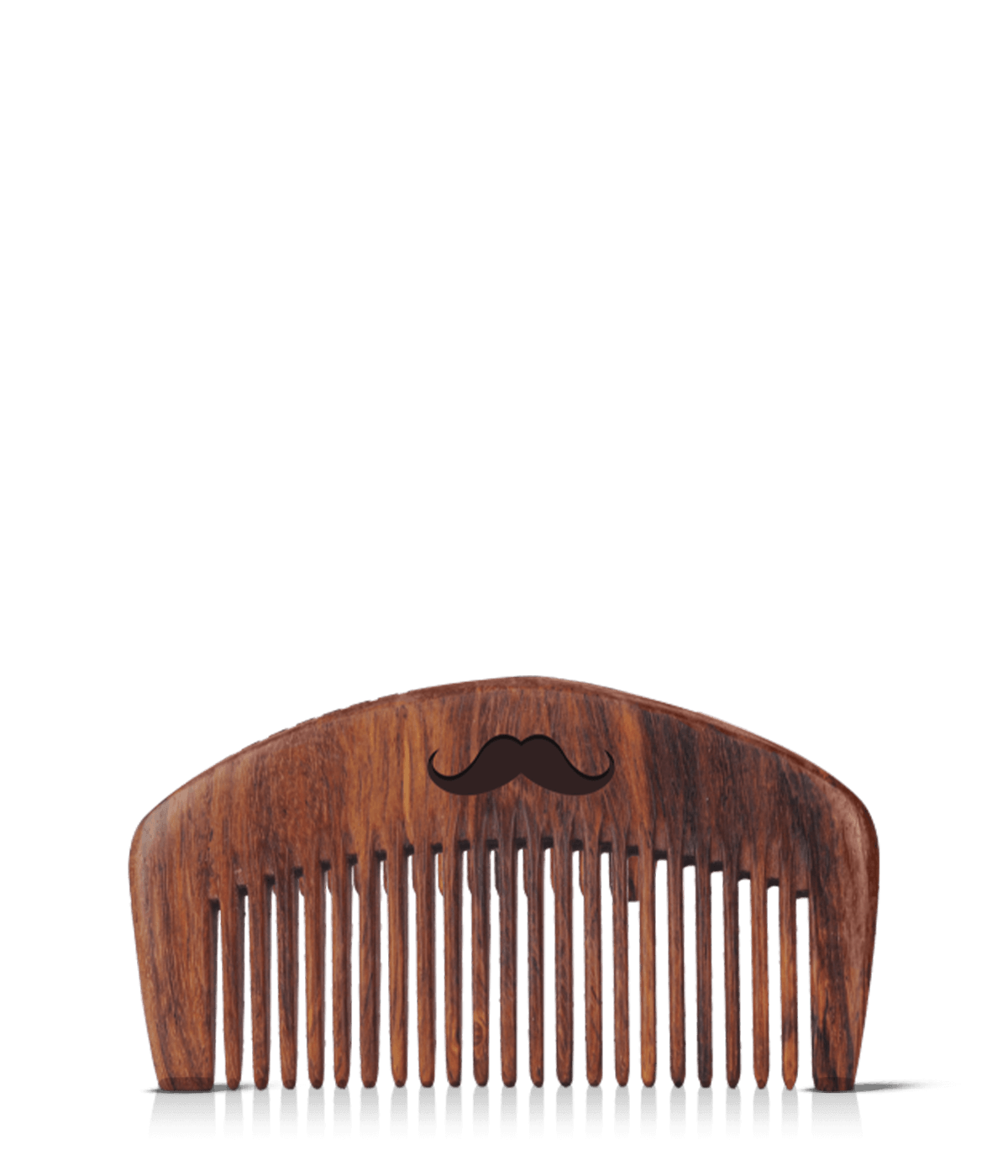 A handmade sheesham wooden beard comb with a mustache shape engraved at the top center.