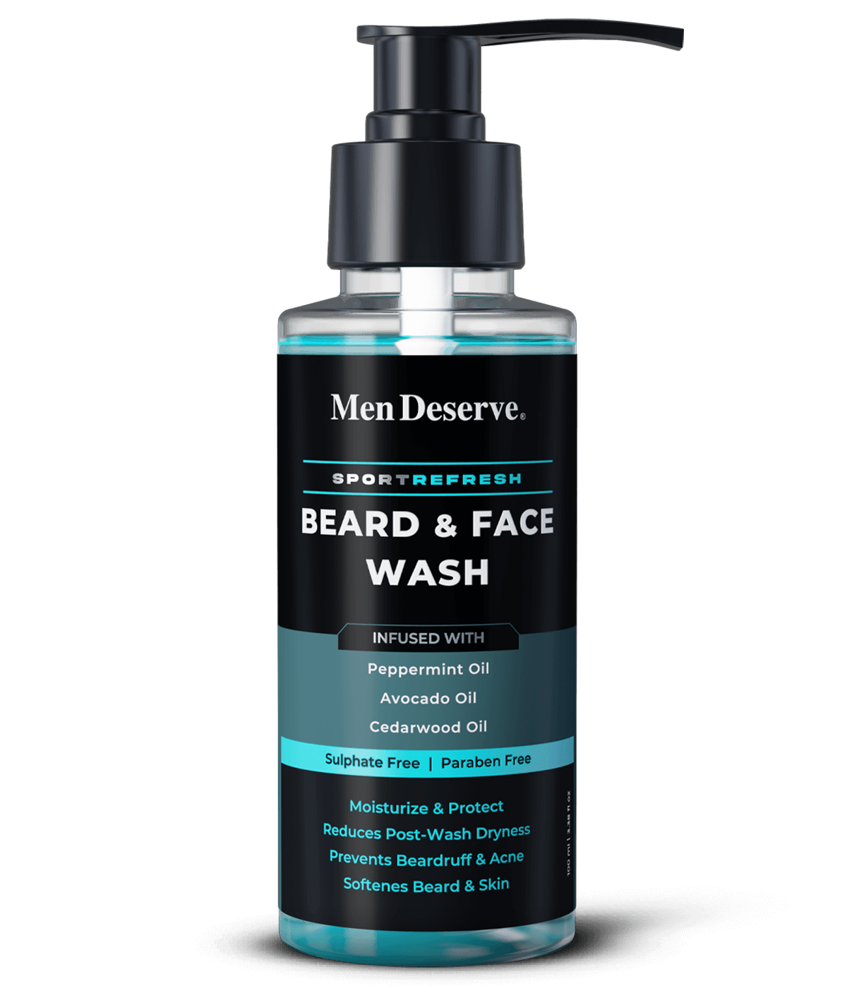 A bottle of Men Deserve Sport Refresh Beard and Face Wash with peppermint oil, cedarwood oil, and softener. The packaging is predominantly black and teal with white and red text, and includes an image of a beard.