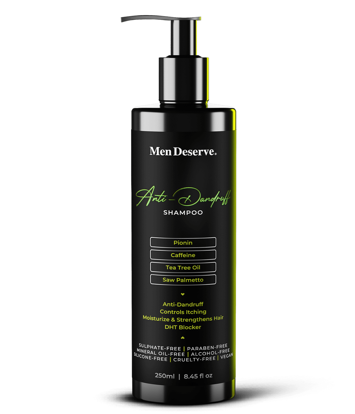 A black bottle of Men Deserve Anti Dandruff Shampoo with a pump dispenser. The label includes green text highlighting the product features such as tea tree oil and a pH balance range.