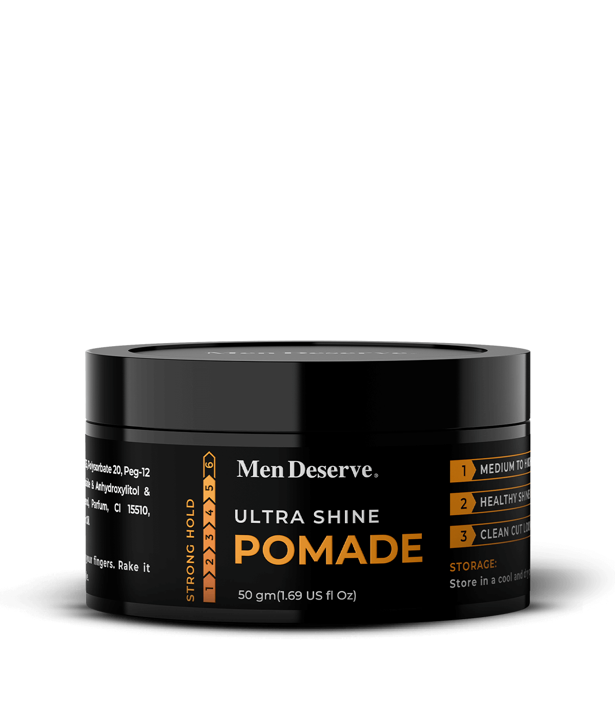 A container of Men Deserve Ultra Shine Pomade, 50gm size, with labeling and text on the front
