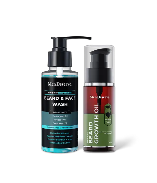 Two bottles of beard care products, one labeled as Beard & Face Wash and the other as Beard Growth Oil, both with a green and white color scheme.