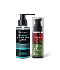 Two bottles of beard care products, one labeled as Beard & Face Wash and the other as Beard Growth Oil, both with a green and white color scheme.