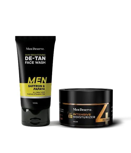 Two skincare products for men, one tube labeled 'DE-TAN FACEWASH' in black and yellow packaging, and one jar labeled 'Intensive Moisturizer' in black and brown packaging.