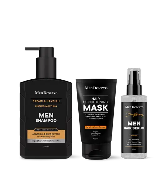 A set of Men's hair care products including shampoo, hair conditioning mask, and hair serum by Men Deserve.