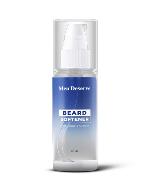 A bottle of Men Deserve brand Beard Softener designed for beard care, with a label indicating 60ml volume.