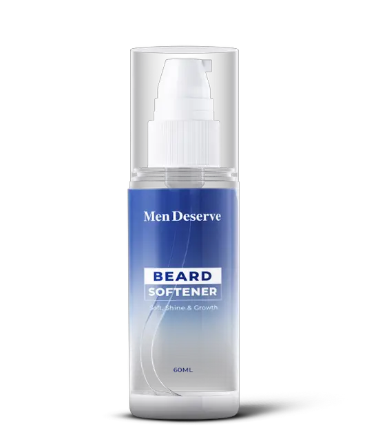A bottle of Men Deserve brand Beard Softener designed for beard care, with a label indicating 60ml volume.