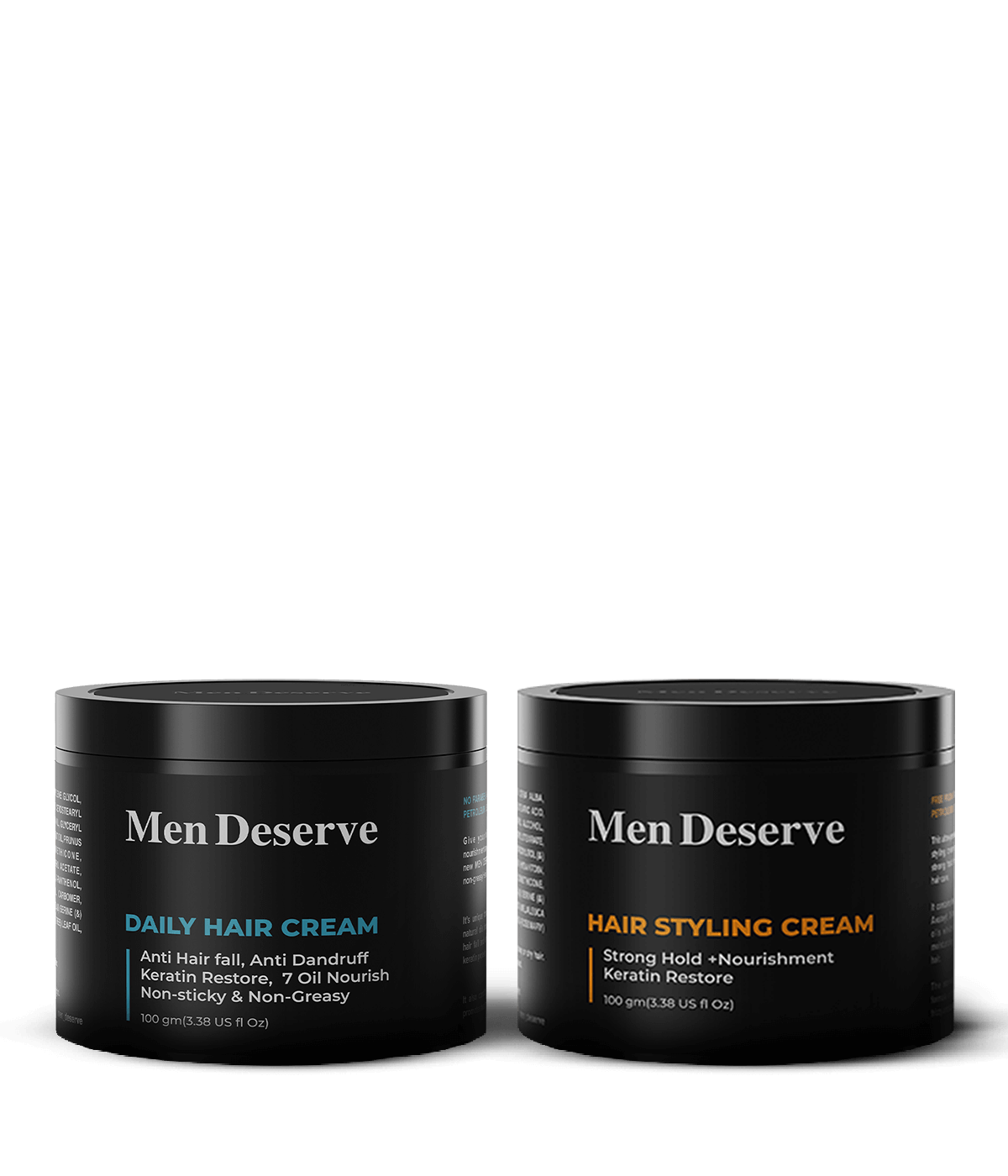 Combo of MenDeserve hair styling creams, one labeled as 'Daily Hair Cream' and the other as 'Strong Hold Hair Styling Cream'. Both are in black and orange packaging.