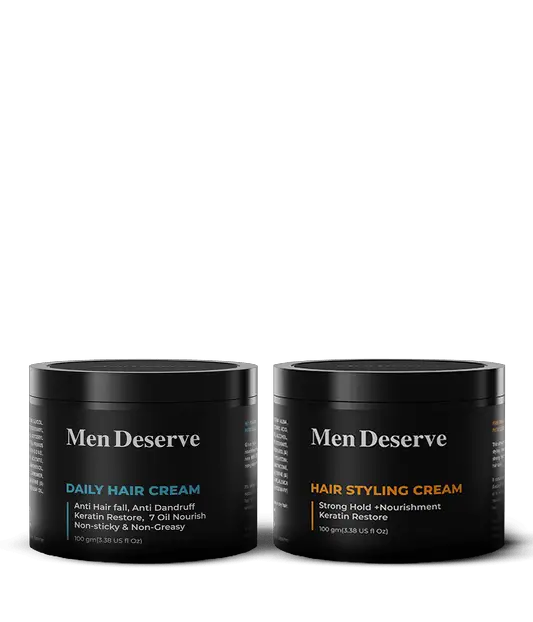 Combo of MenDeserve hair styling creams, one labeled as 'Daily Hair Cream' and the other as 'Strong Hold Hair Styling Cream'. Both are in black and orange packaging.