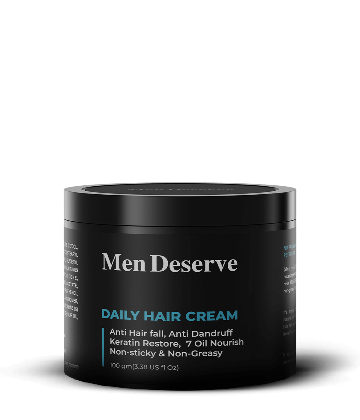 Men Deserve Daily Hair Cream with text highlighting the key ingredients such as Aloe Vera, Rosemary, Seabamel, and Lavender. 