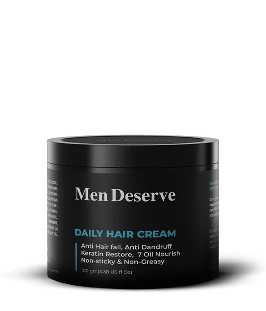 Men Deserve Daily Hair Cream with text highlighting the key ingredients such as Aloe Vera, Rosemary, Seabamel, and Lavender. 