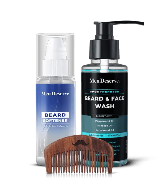 A MenDeserve beard care combo including a beard softener bottle, a beard and face wash bottle, and a wooden beard comb.