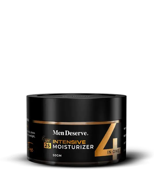 A black jar of Men Deserve intensive moisturizer with SPF 25. The jar is labeled as '50GM' and 'IN ONE' indicating the product's concentration and possibly its multiple benefits.