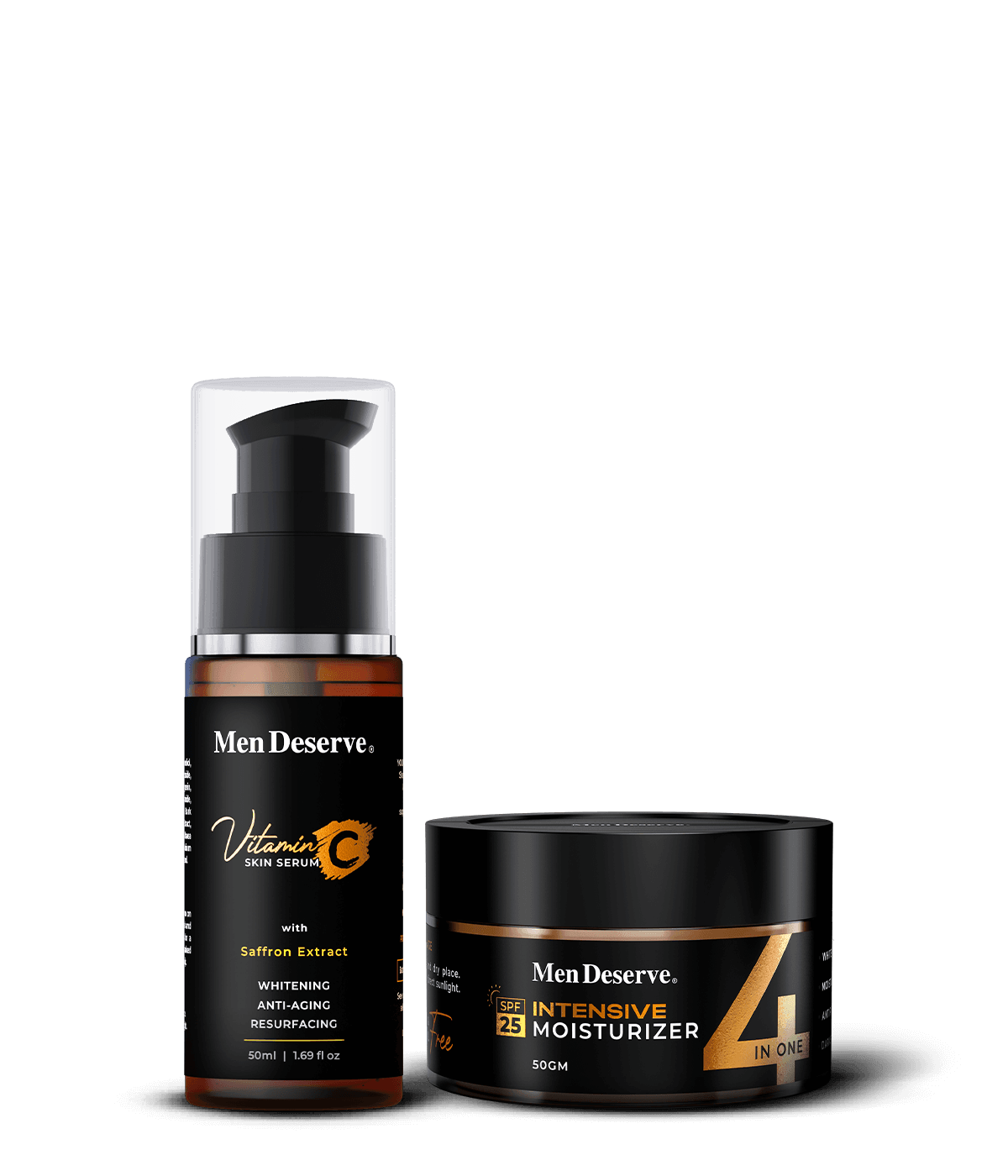 Two skin care products, a bottle of Vitamin C Skin Serum and a jar of Intensive Moisturizer, both labeled 'Men Deserve'.