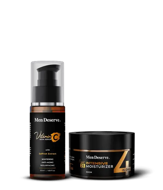 Two skin care products, a bottle of Vitamin C Skin Serum and a jar of Intensive Moisturizer, both labeled 'Men Deserve'.
