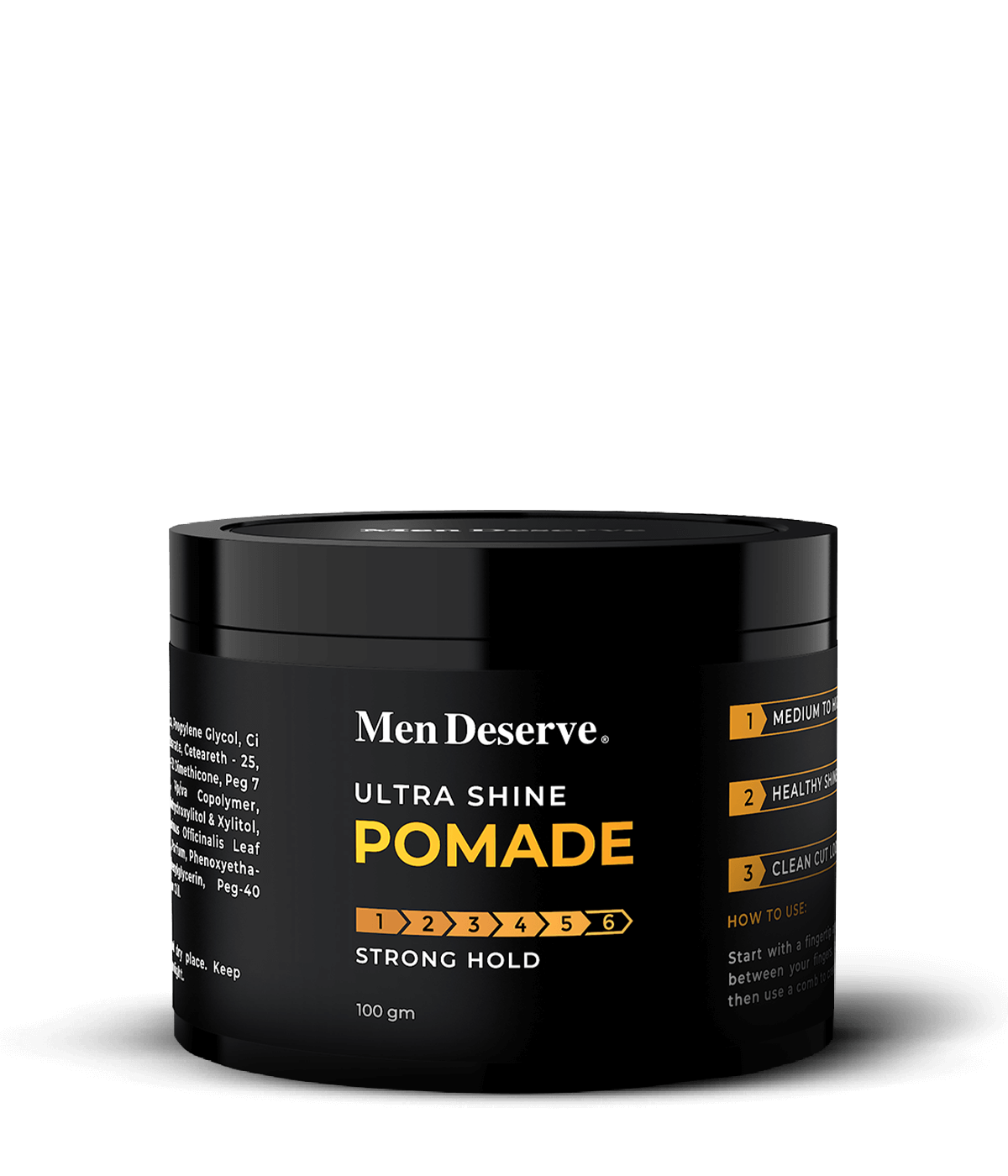 A container of Men Deserve Ultra Shine Pomade with the label facing forward. The product is packaged in a black jar with yellow and orange text, indicating the product name and volume.