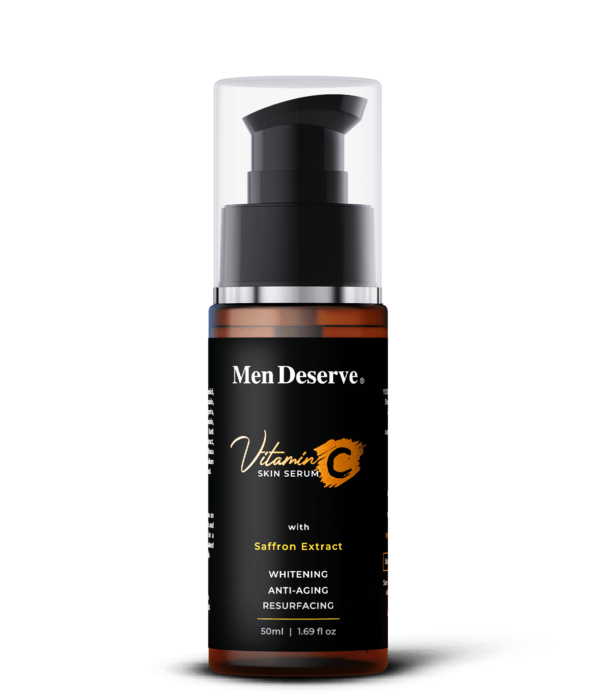 A bottle of Men Deserve Vitamin C Skin Serum with a pump dispenser, labeled for skin brightening and anti-aging.